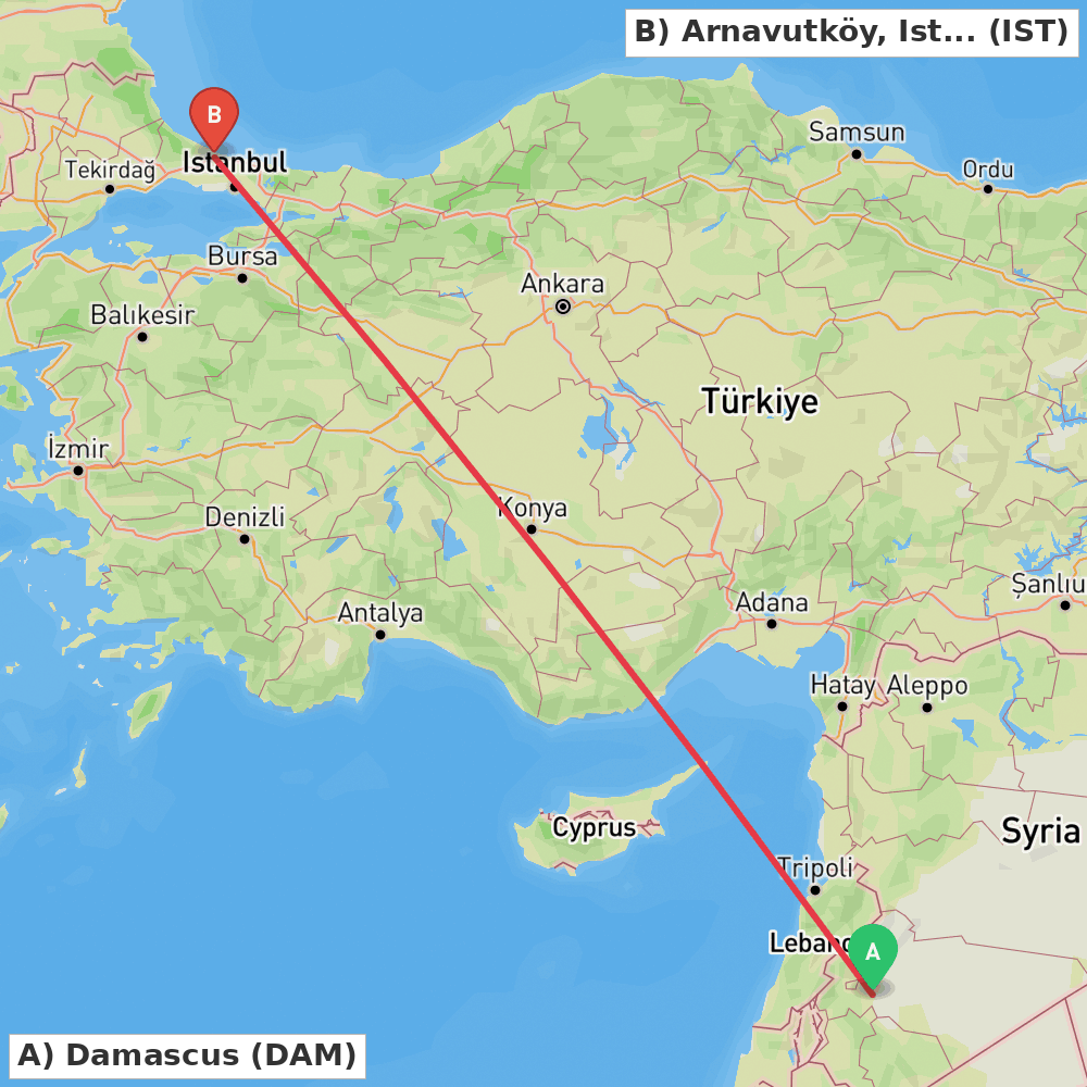 Flight route map from Damascus to Arnavutköy, Istanbul