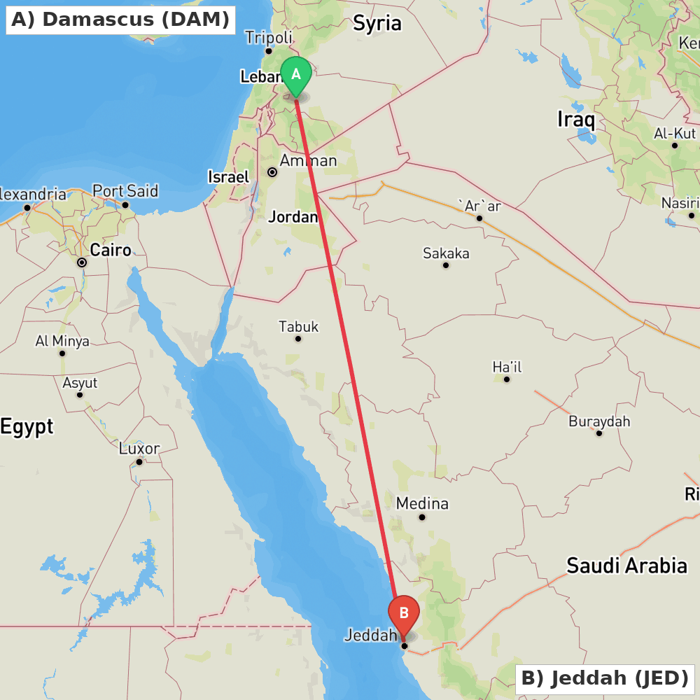 Flight route map from Damascus to Jeddah