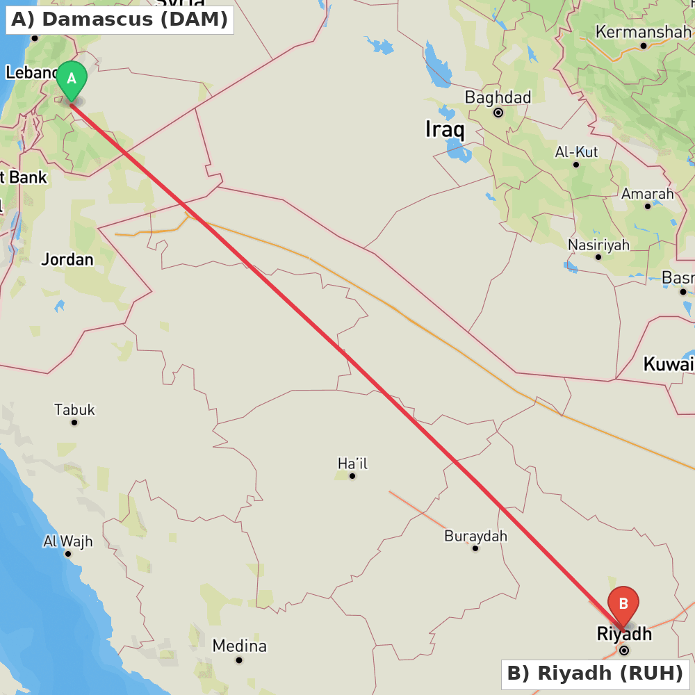 Flight route map from Damascus to Riyadh