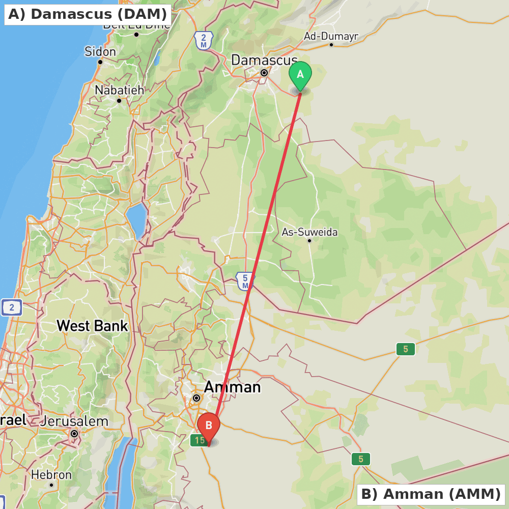 Flight route map from Damascus to Amman