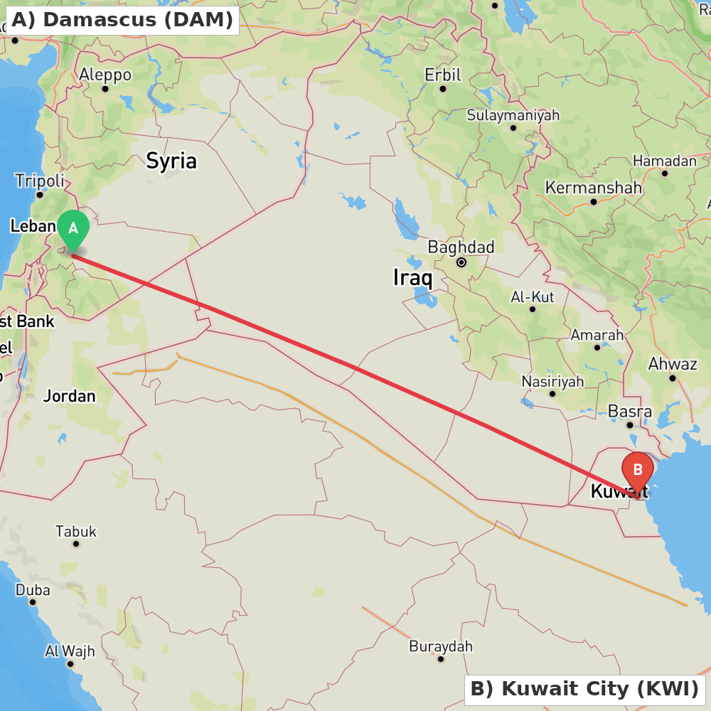 Flight route map from Damascus to Kuwait City