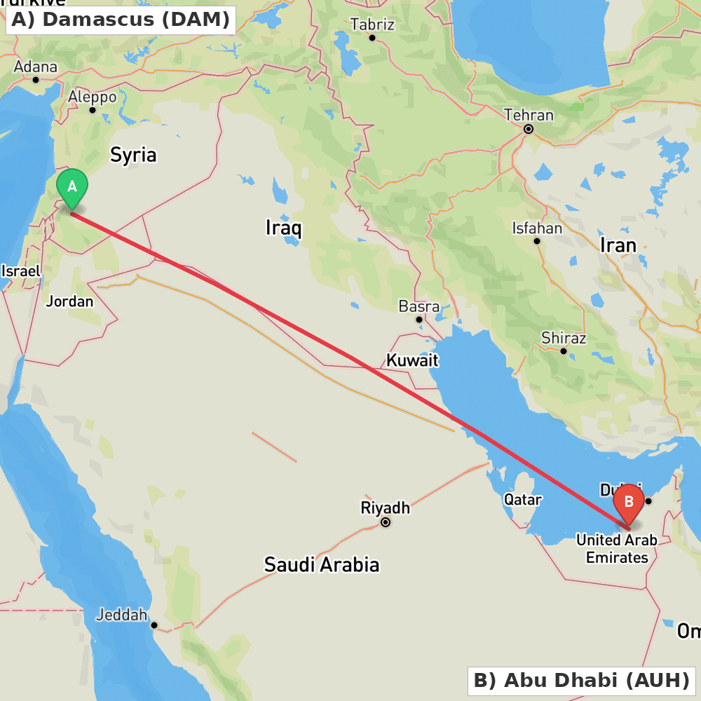 Flight route map from Damascus to Abu Dhabi