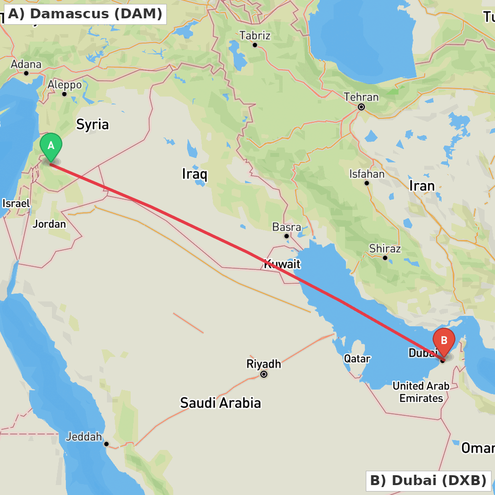 Flight route map from Damascus to Dubai