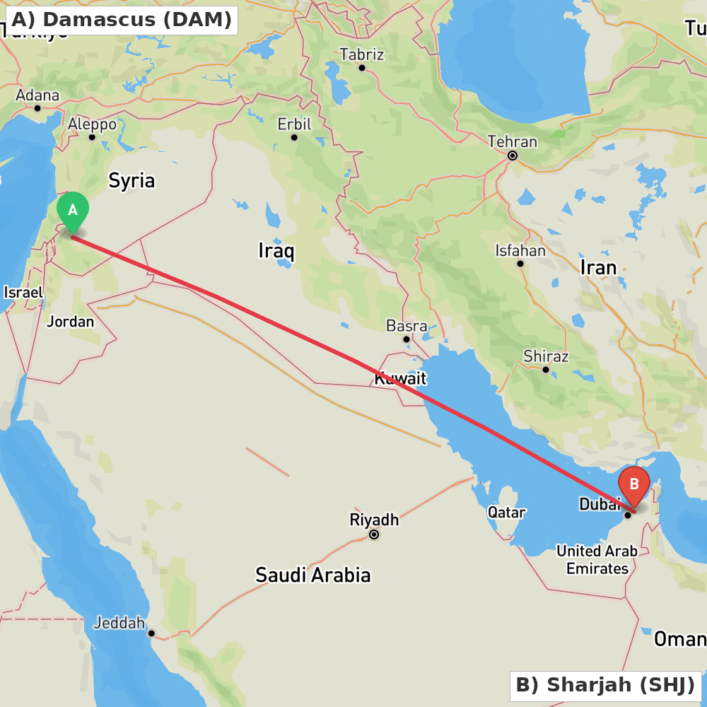 Flight route map from Damascus to Sharjah