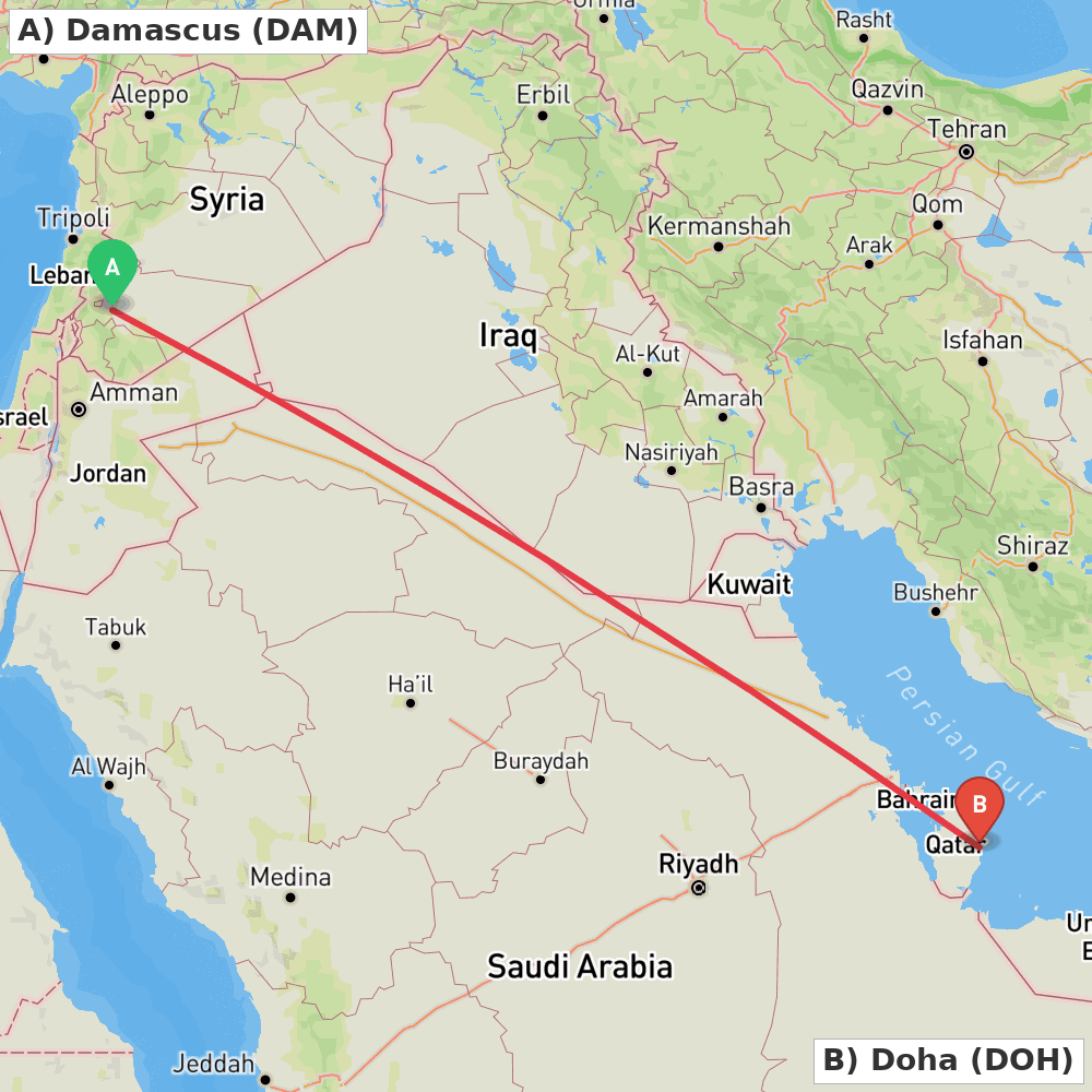 Flight route map from Damascus to Doha