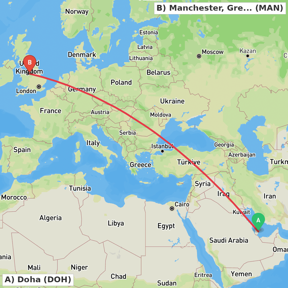 Flight route map from Doha to Manchester, Greater Manchester