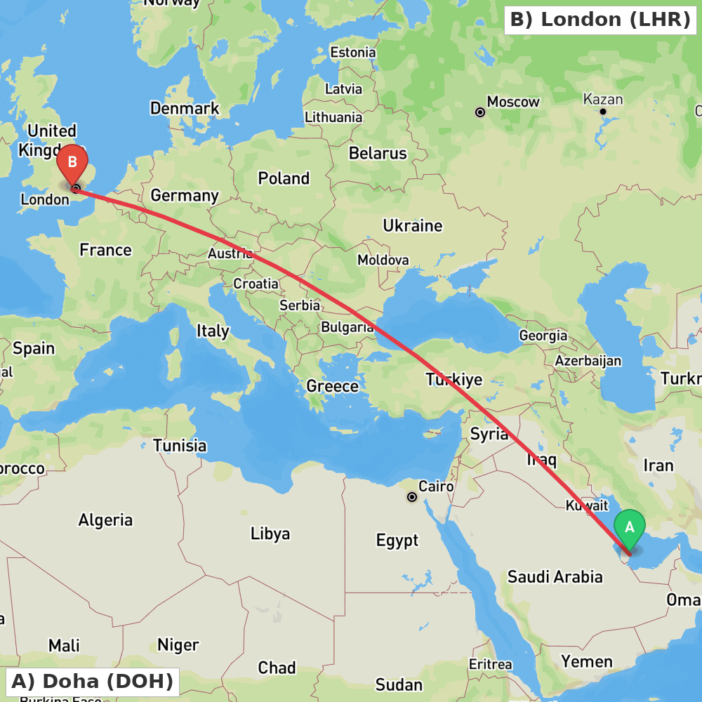 Flight route map from Doha to London