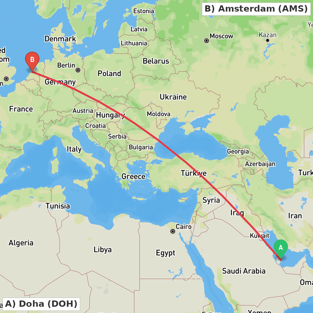 Flight route map from Doha to Amsterdam