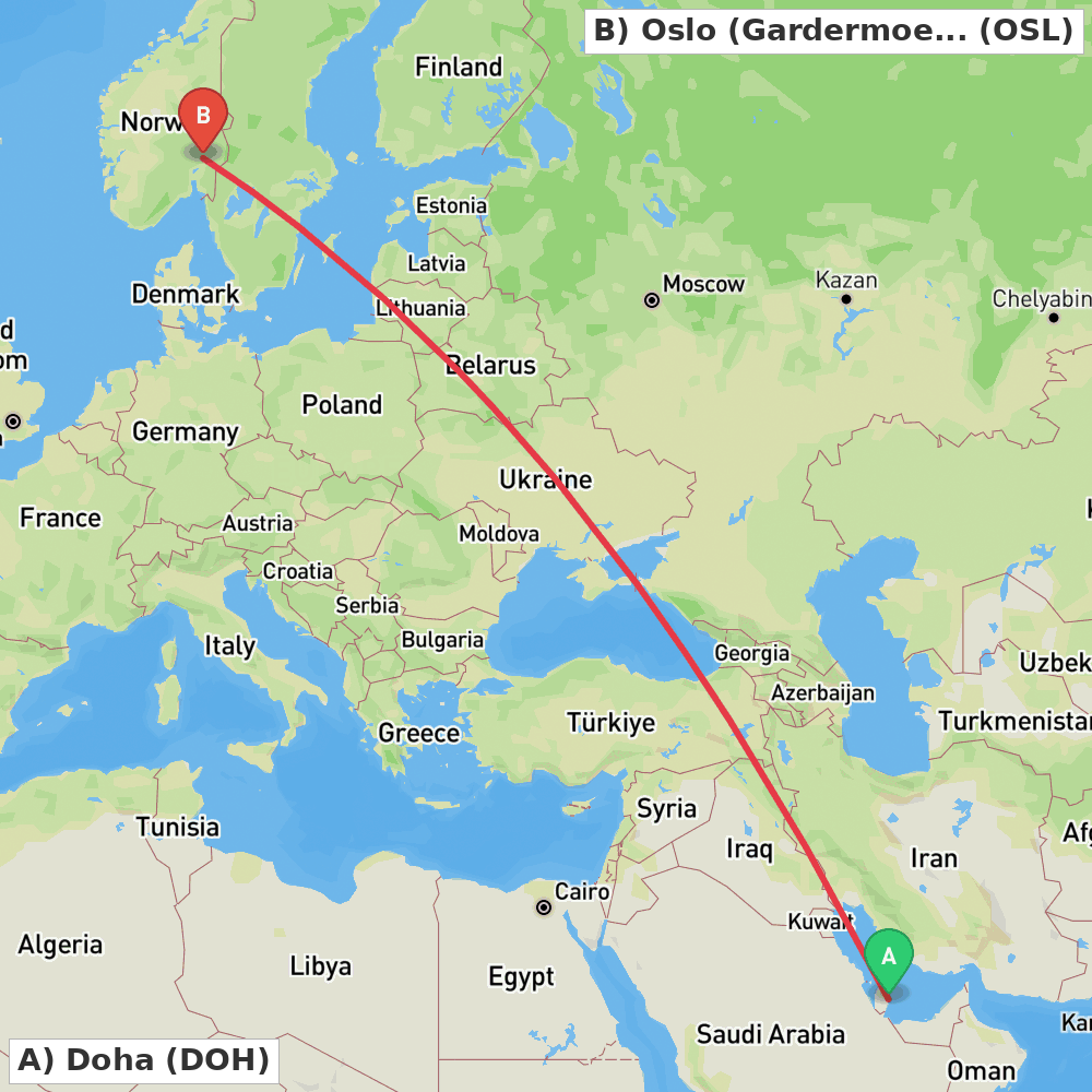 Flight route map from Doha to Oslo (Gardermoen)