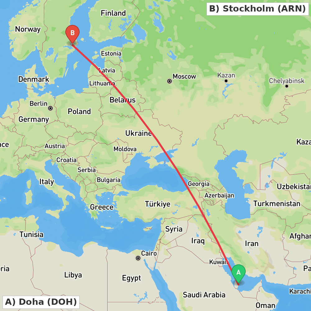 Flight route map from Doha to Stockholm