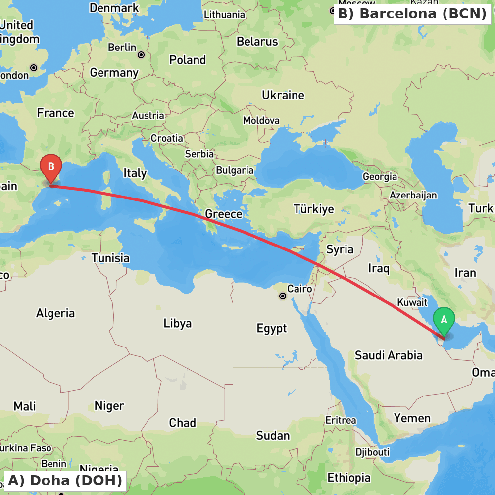 Flight route map from Doha to Barcelona