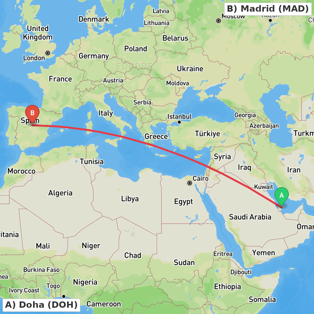 Flight route map from Doha to Madrid