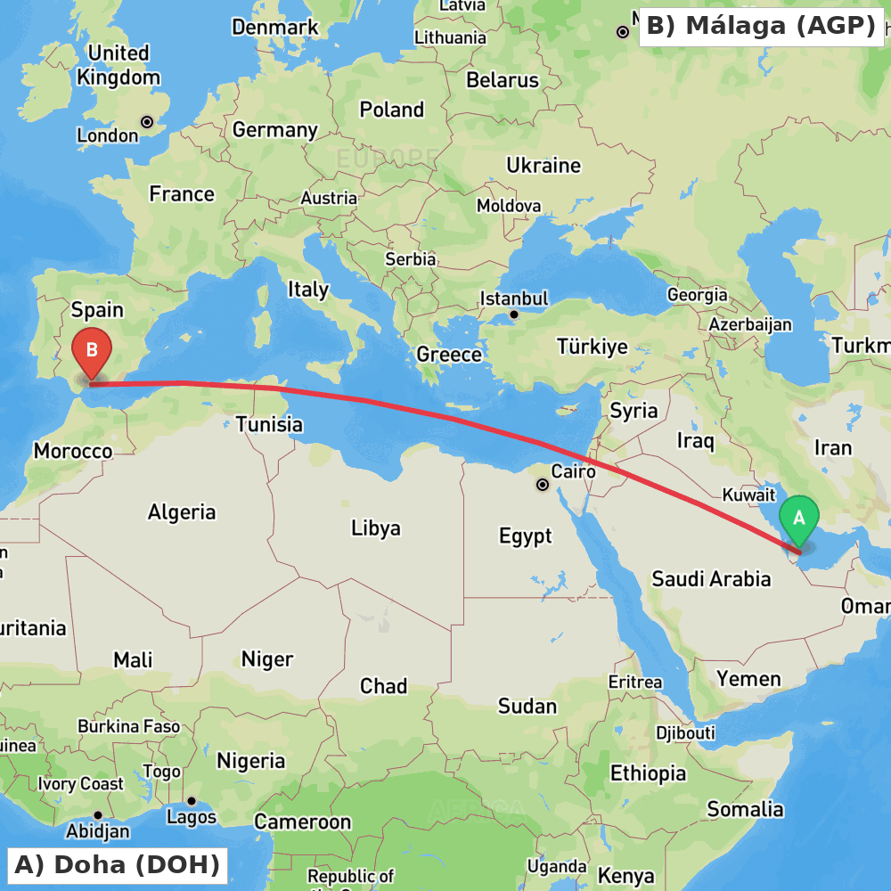 Flight route map from Doha to Málaga