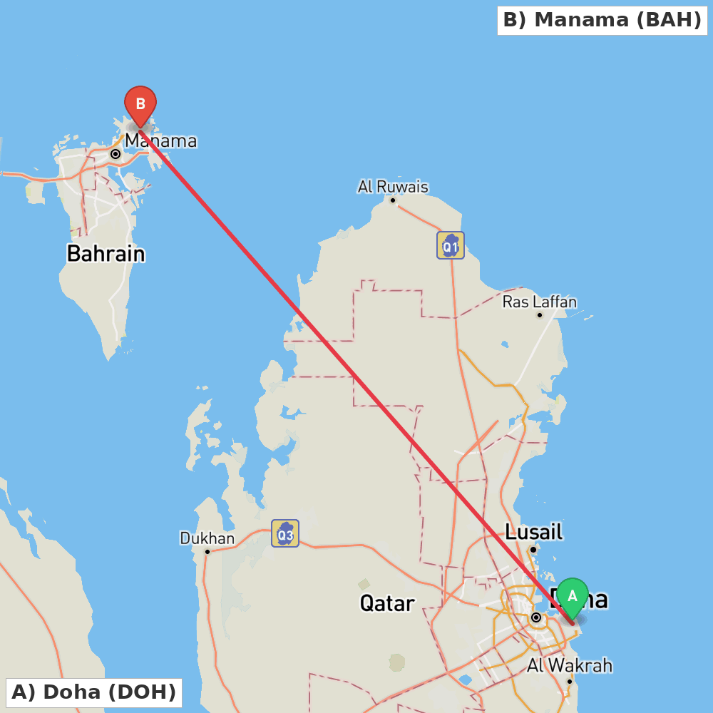 Flight route map from Doha to Manama