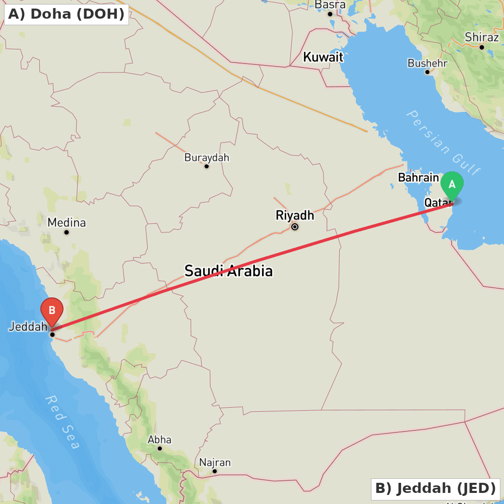 Flight route map from Doha to Jeddah