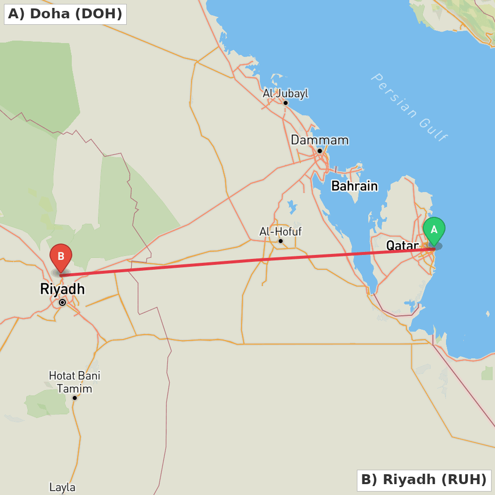 Flight route map from Doha to Riyadh