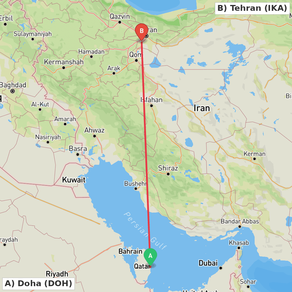 Flight route map from Doha to Tehran