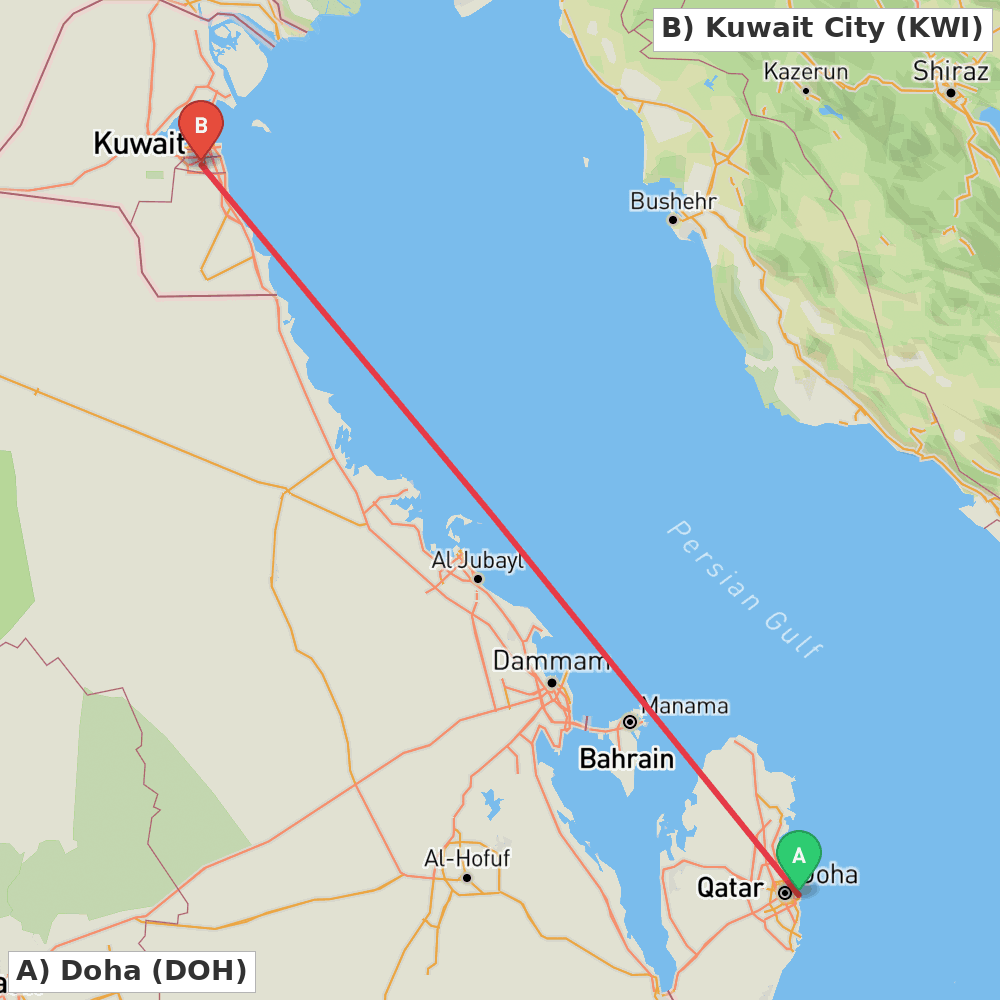 Flight route map from Doha to Kuwait City