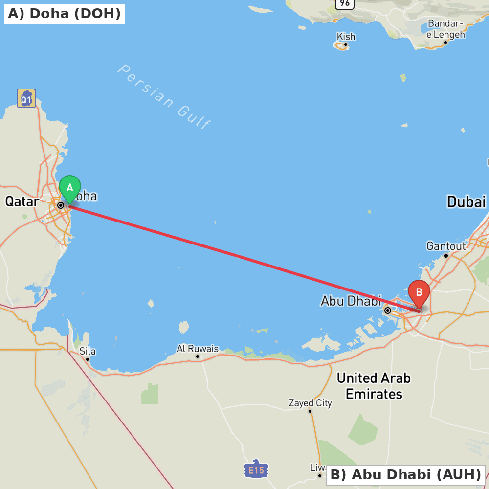Flight route map from Doha to Abu Dhabi