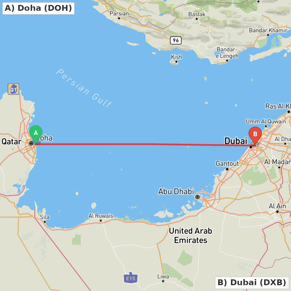 Flight route map from Doha to Dubai