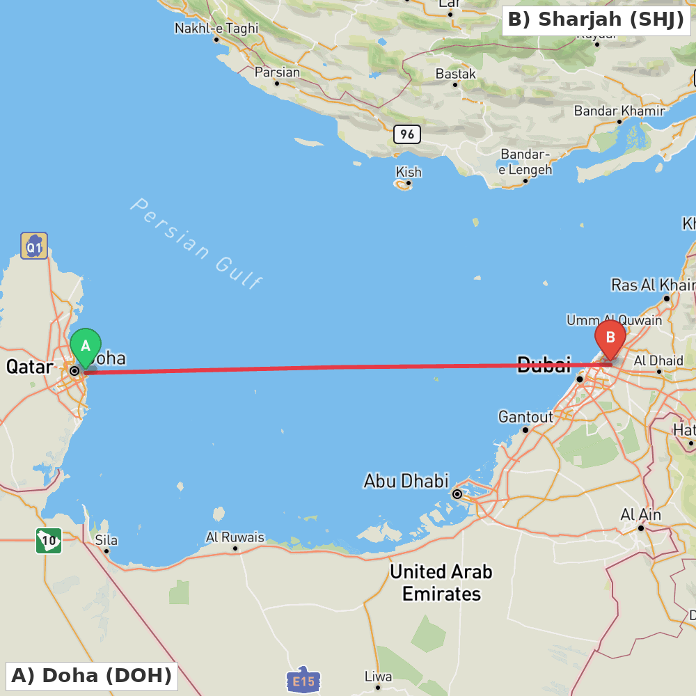 Flight route map from Doha to Sharjah