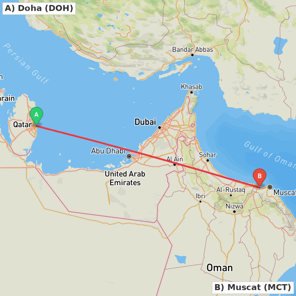Flight route map from Doha to Muscat