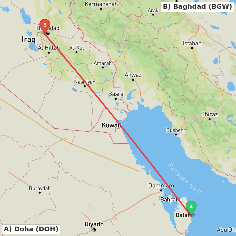 Flight route map from Doha to Baghdad
