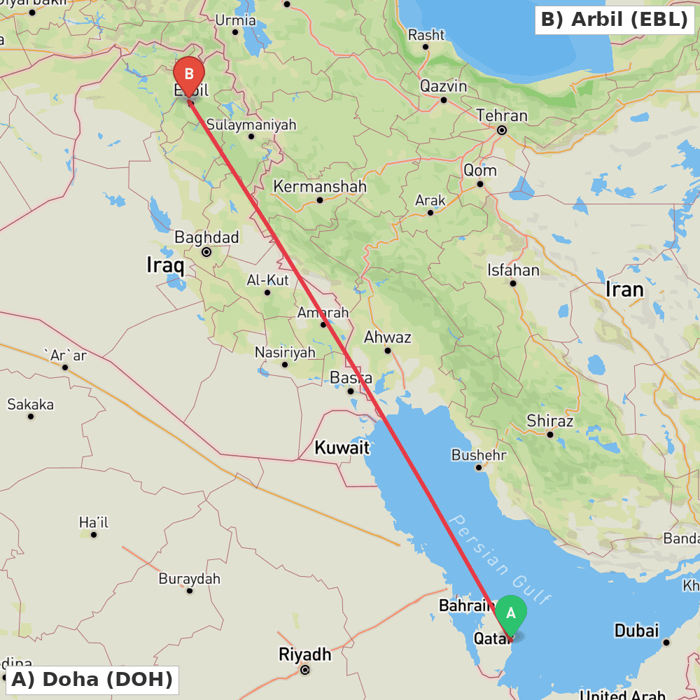 Flight route map from Doha to Arbil