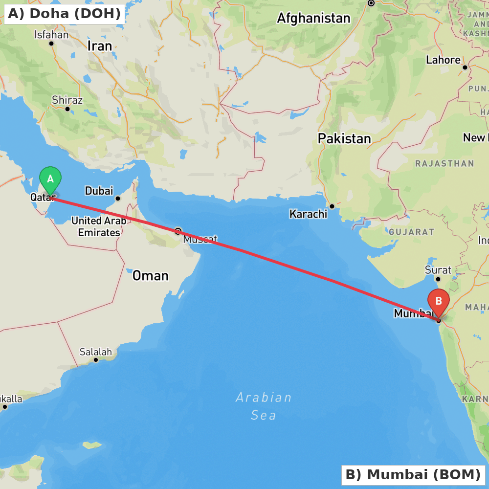 Flight route map from Doha to Mumbai