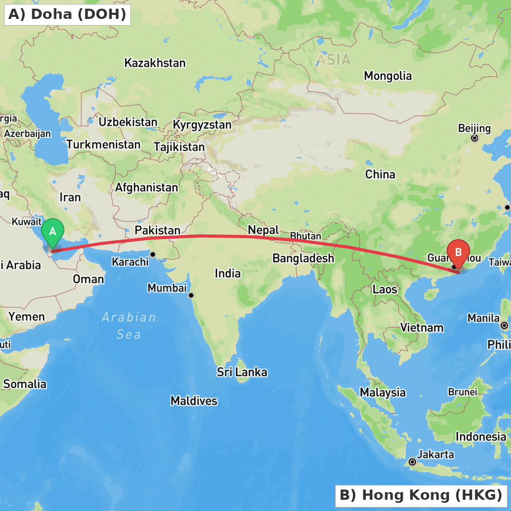 Flight route map from Doha to Hong Kong