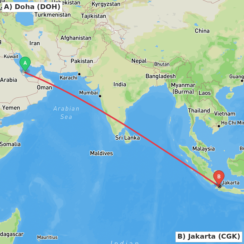 Flight route map from Doha to Jakarta