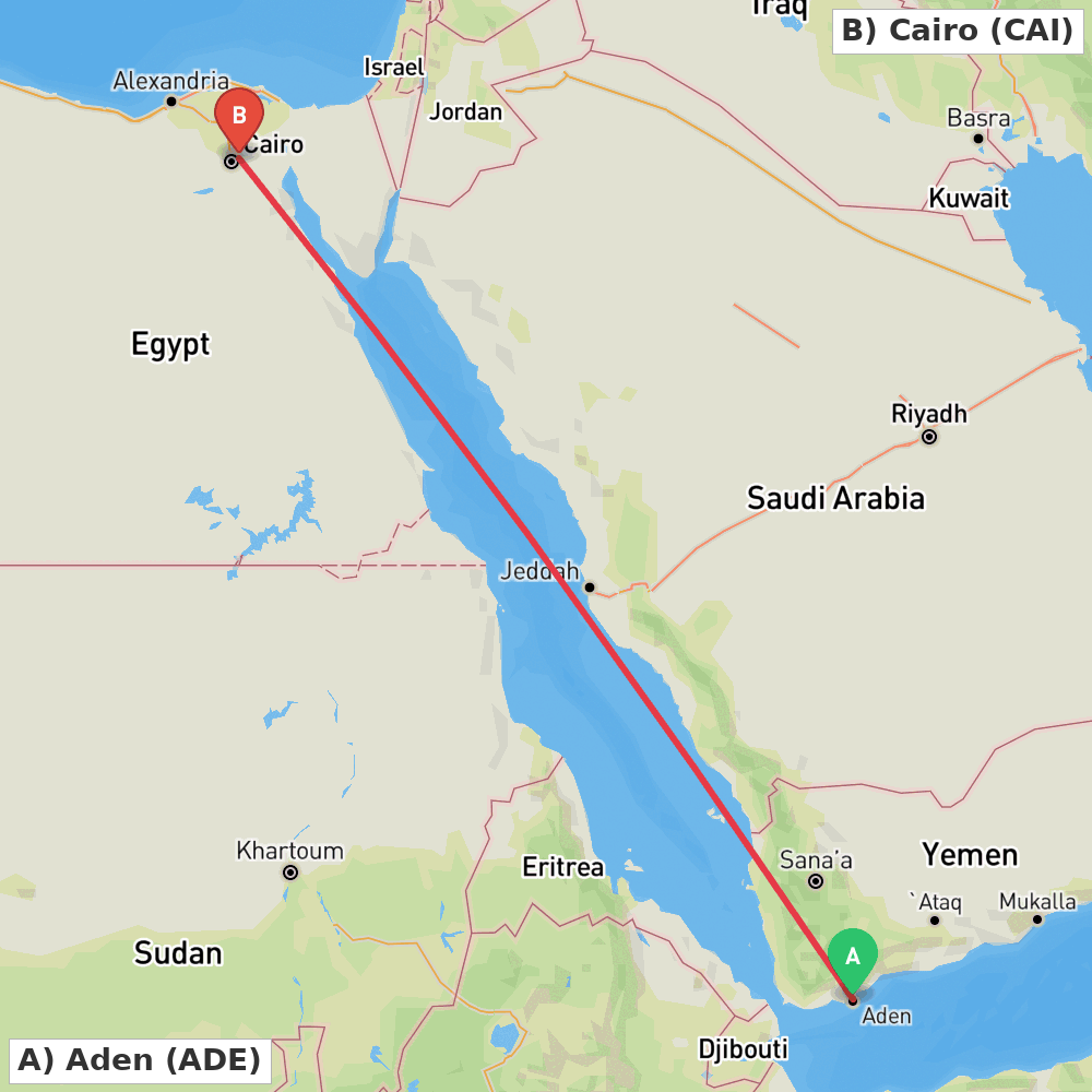 Flight route map from Aden to Cairo