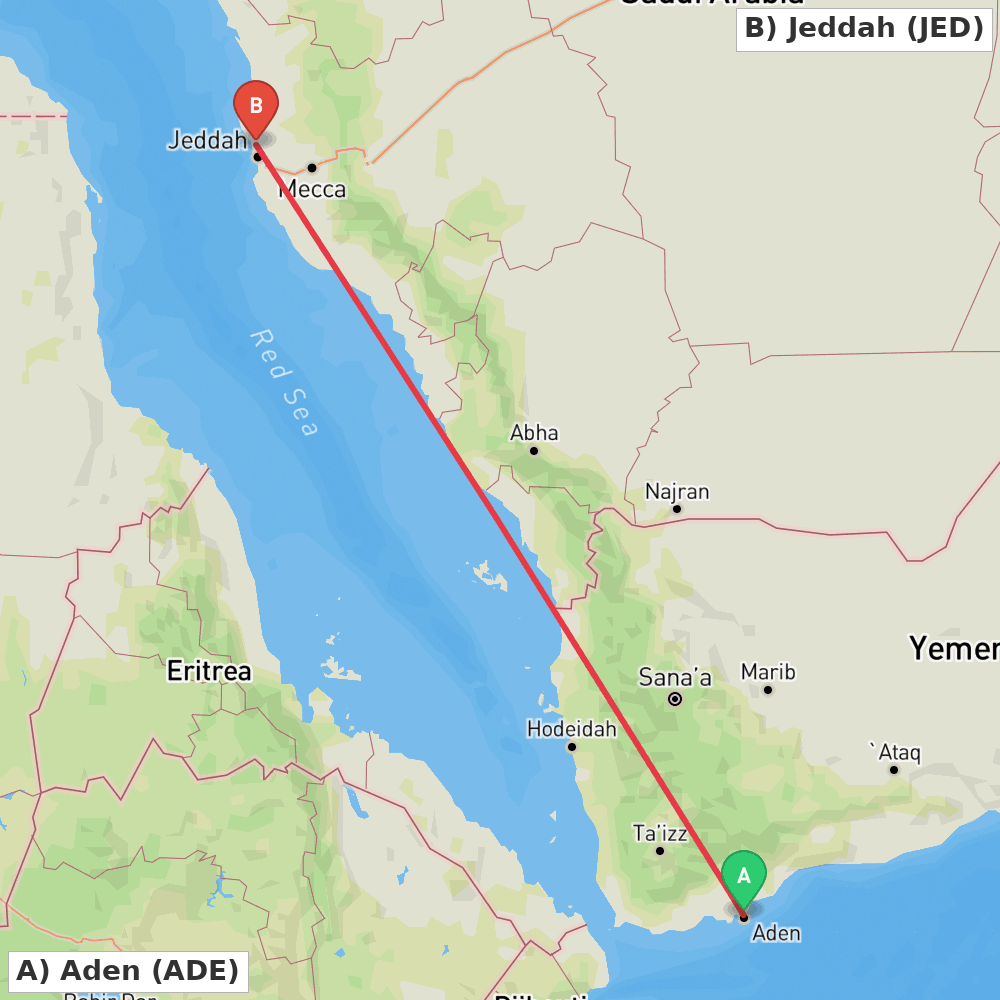 Flight route map from Aden to Jeddah