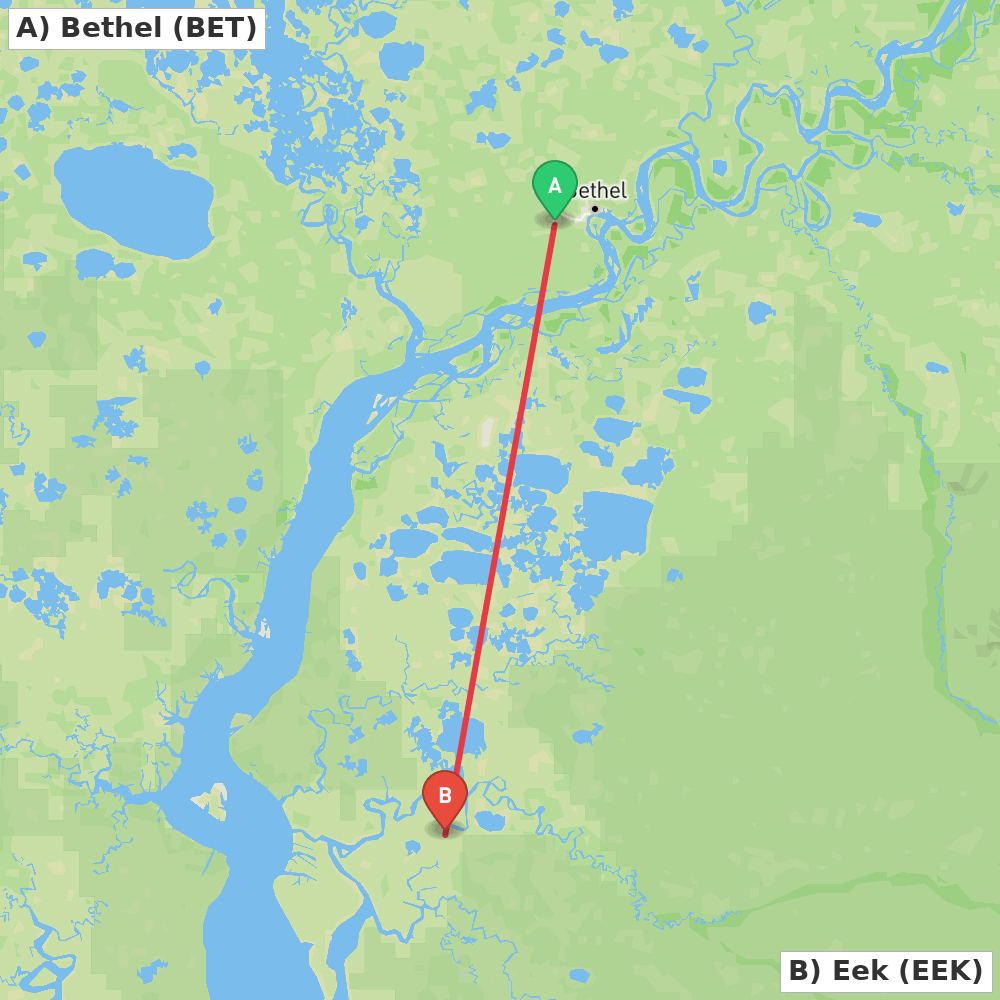 Flight route map from Bethel to Eek