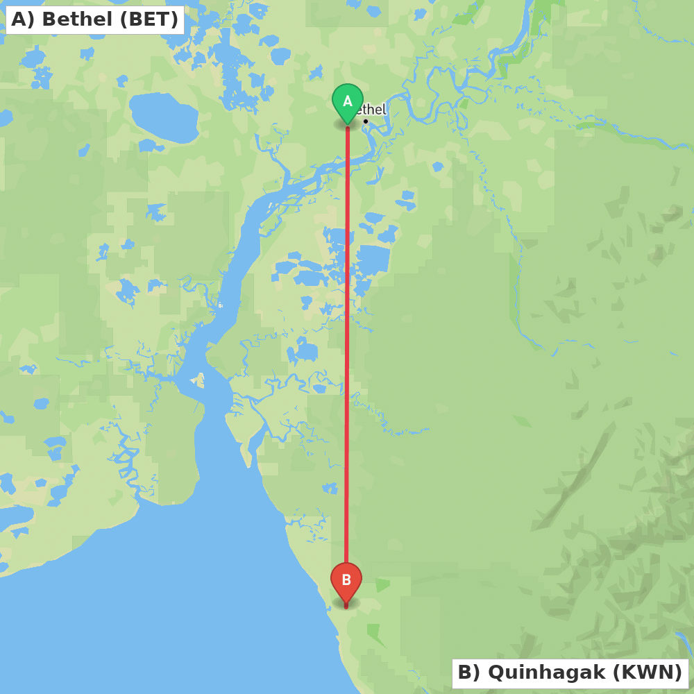 Flight route map from Bethel to Quinhagak