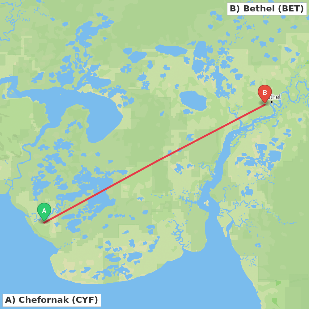 Flight route map from Chefornak to Bethel