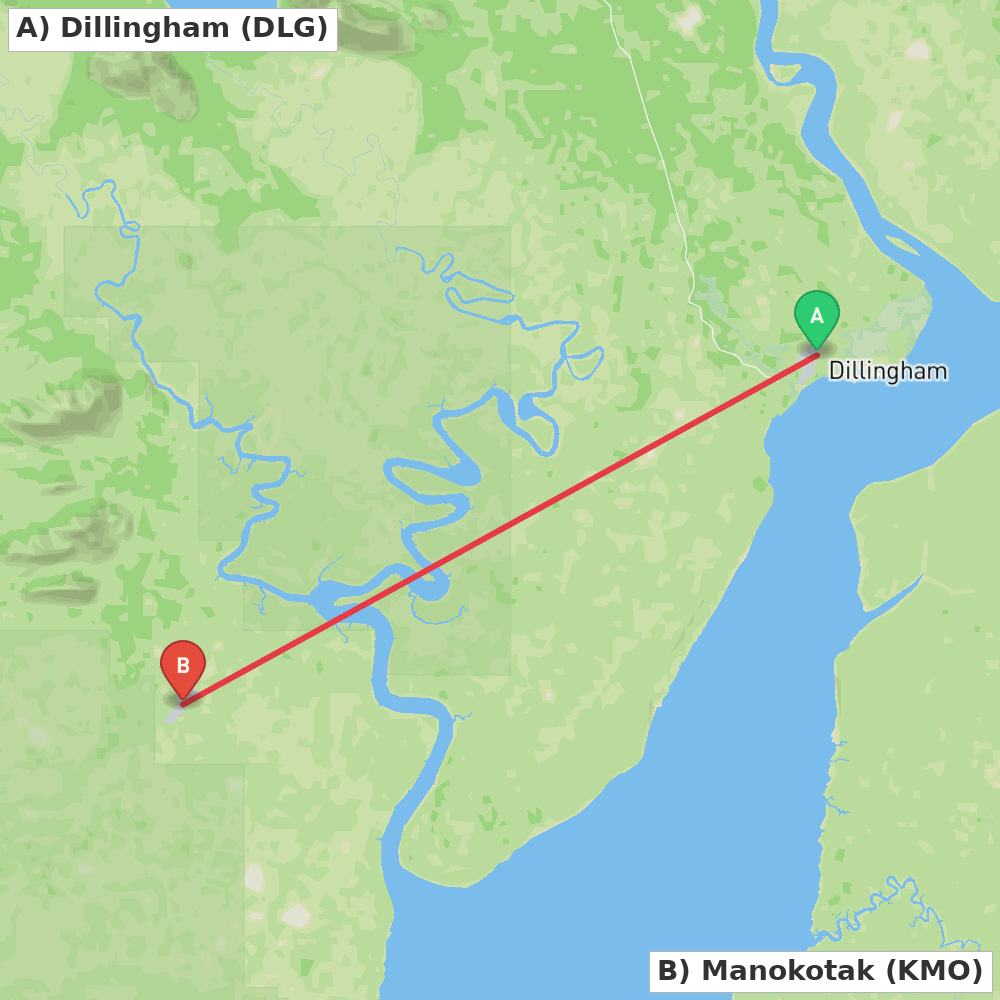 Flight route map from Dillingham to Manokotak