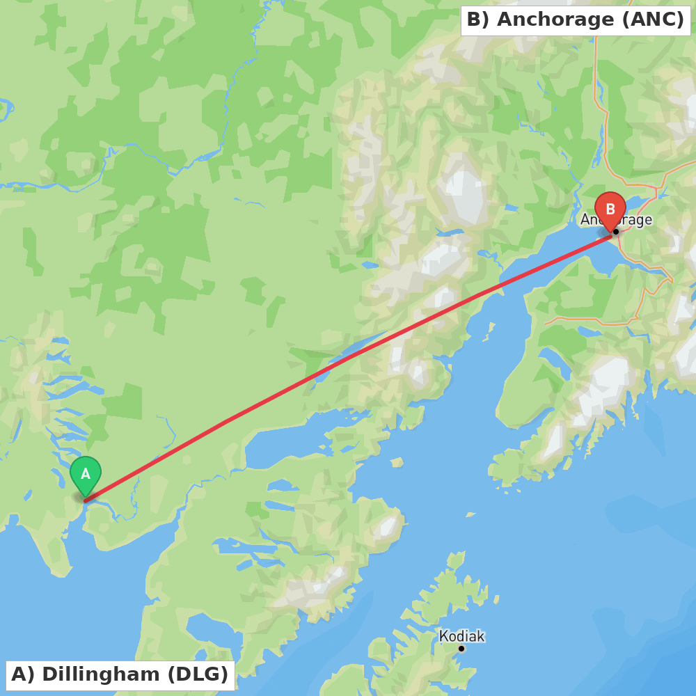 Flight route map from Dillingham to Anchorage