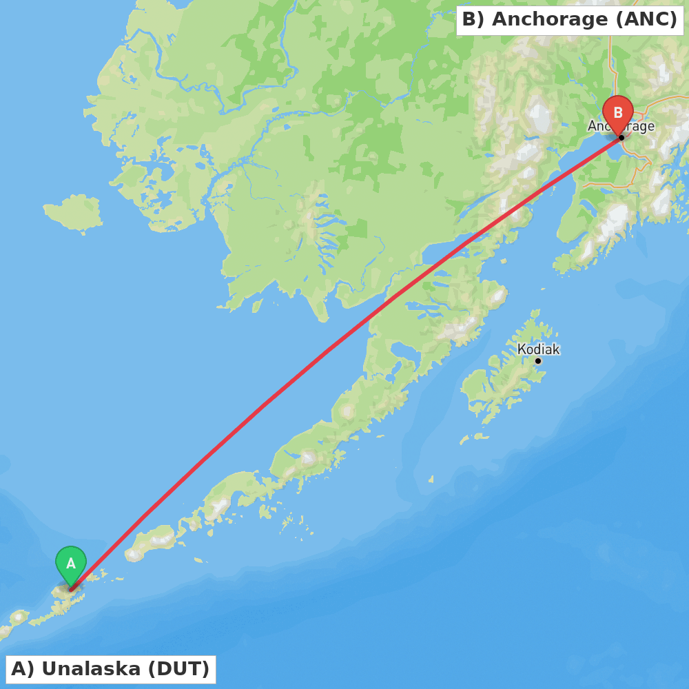 Flight route map from Unalaska to Anchorage