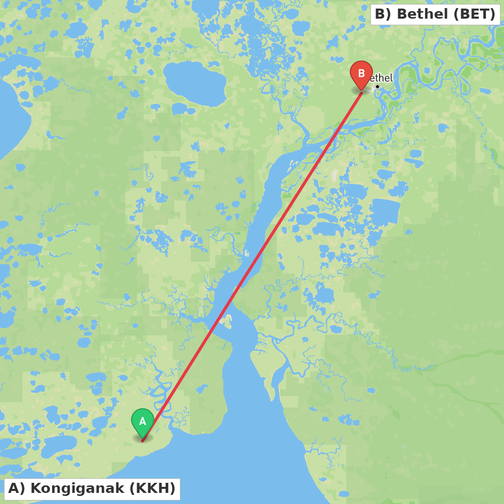 Flight route map from Kongiganak to Bethel
