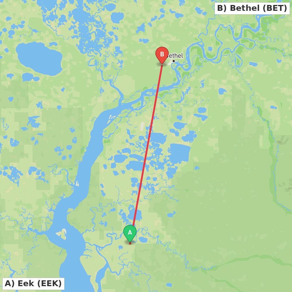 Flight route map from Eek to Bethel