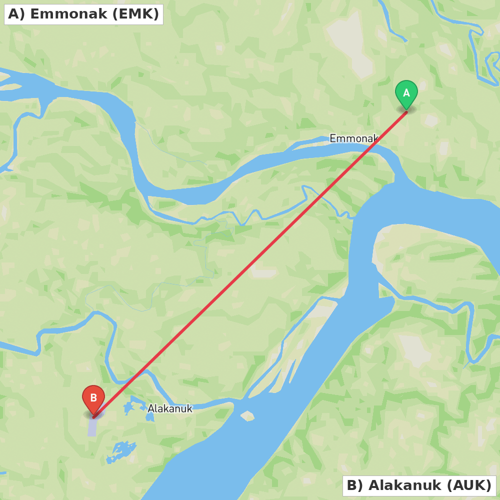 Flight route map from Emmonak to Alakanuk