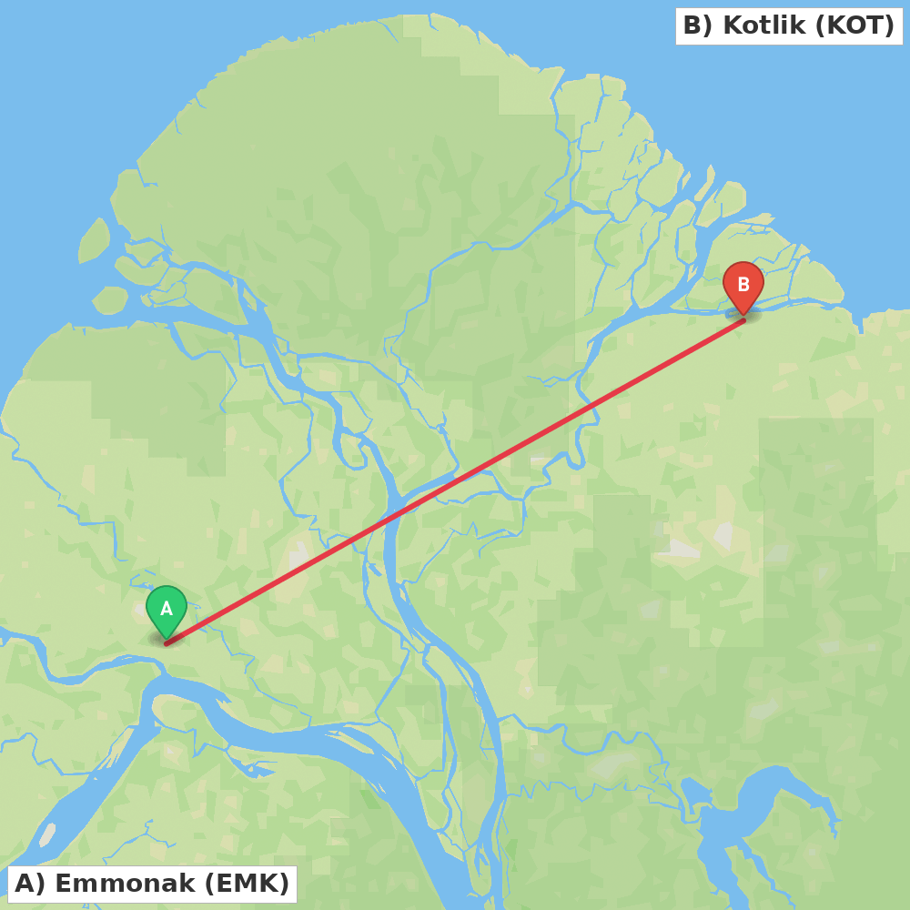 Flight route map from Emmonak to Kotlik