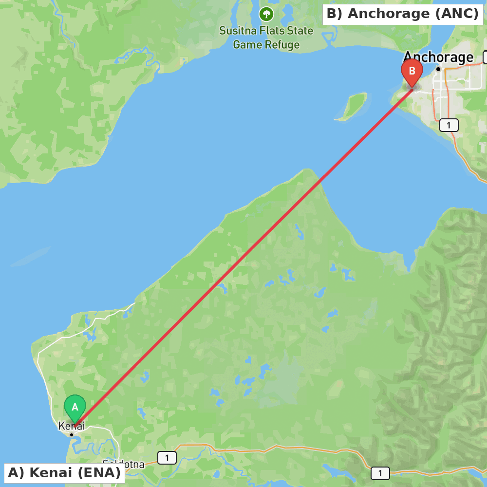 Flight route map from Kenai to Anchorage