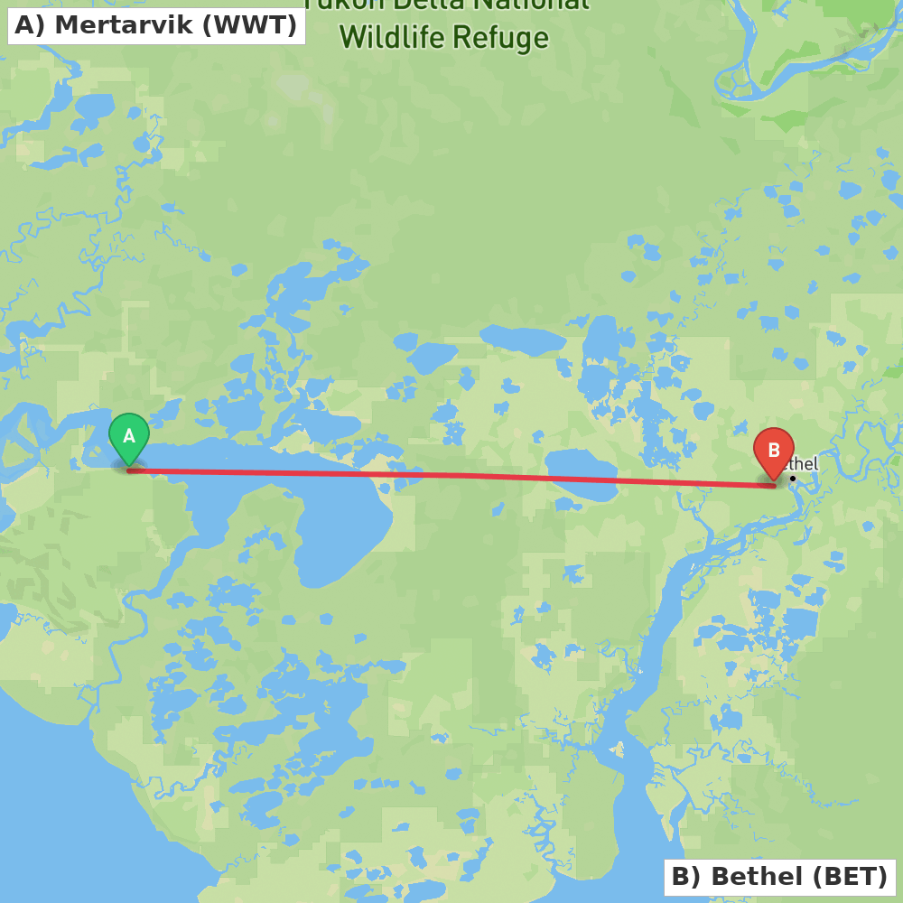 Flight route map from Mertarvik to Bethel