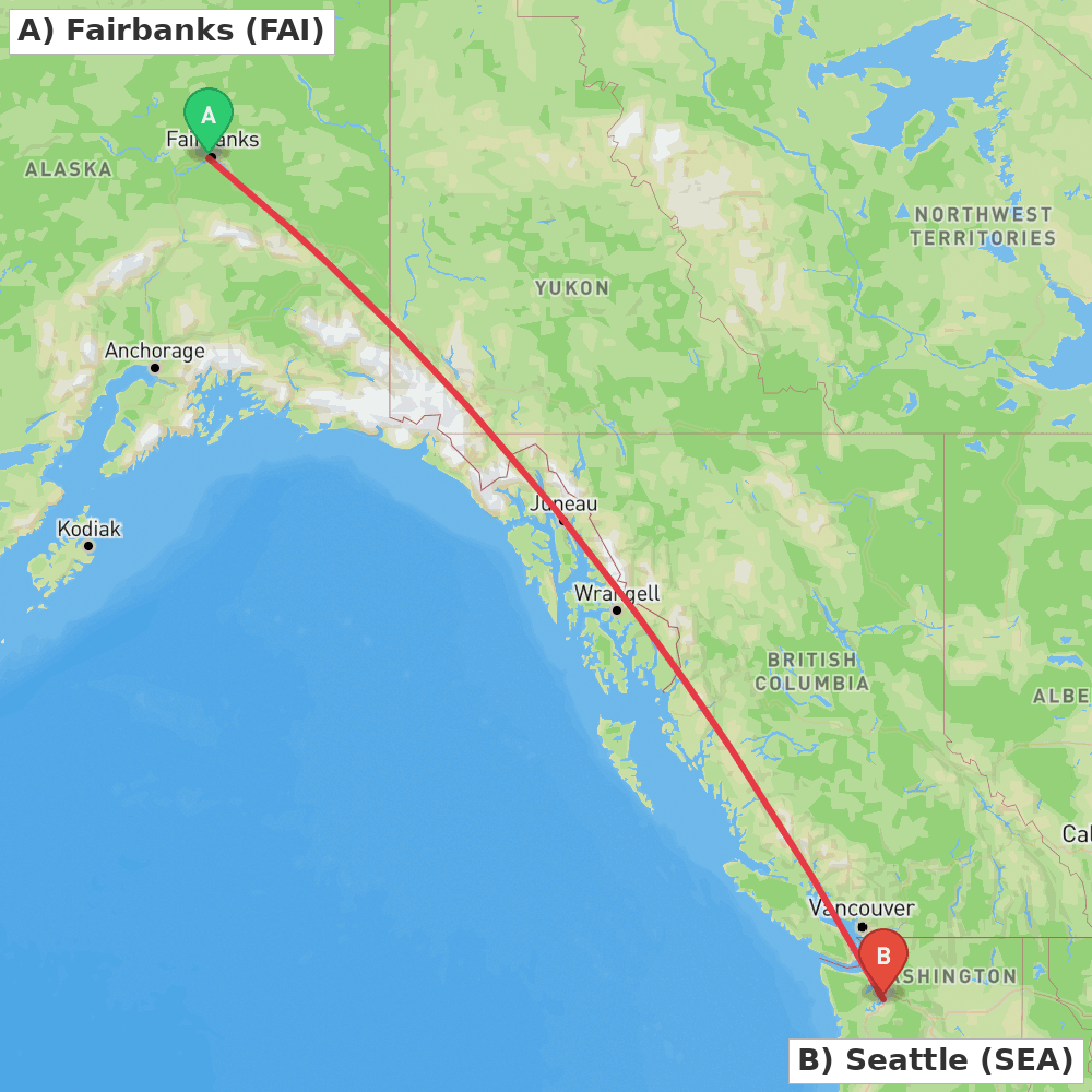 Flight route map from Fairbanks to Seattle