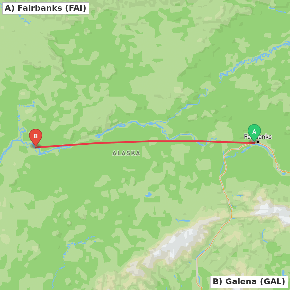 Flight route map from Fairbanks to Galena