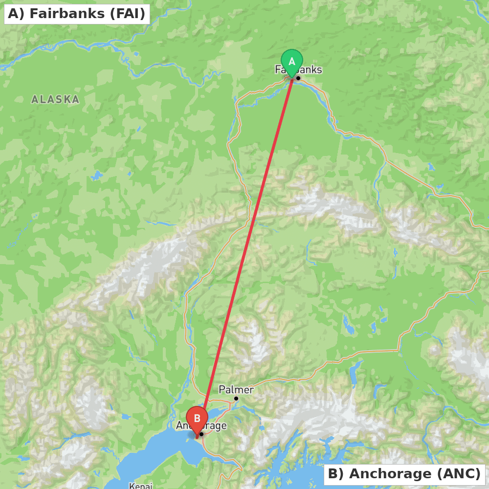 Flight route map from Fairbanks to Anchorage