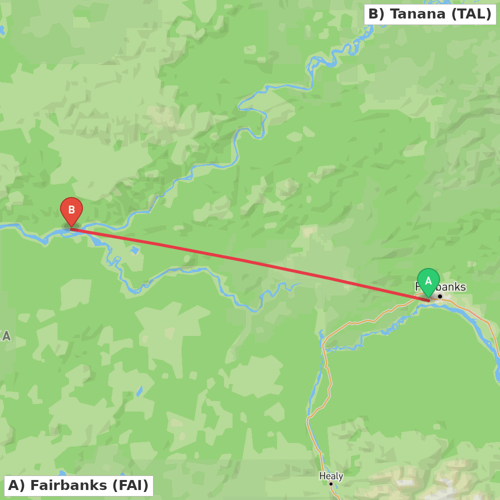 Flight route map from Fairbanks to Tanana