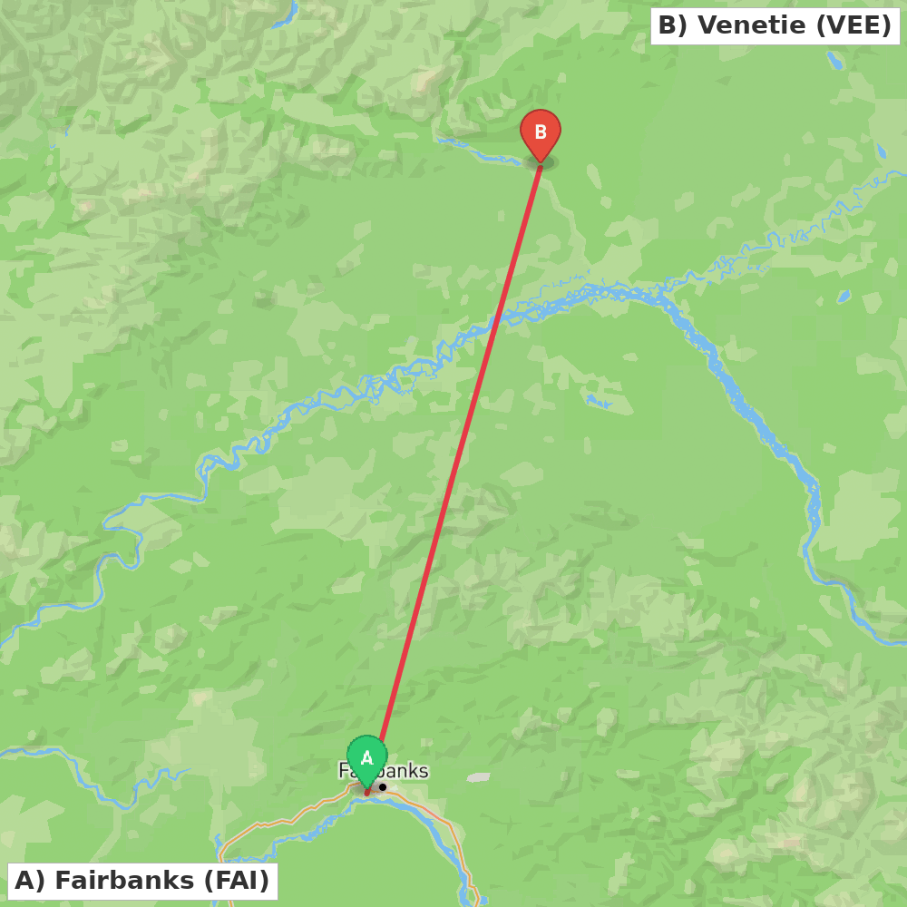 Flight route map from Fairbanks to Venetie